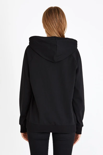 Kadın Siyah Kapüşonlu Basic Örme Sweatshirt - Resim 6
