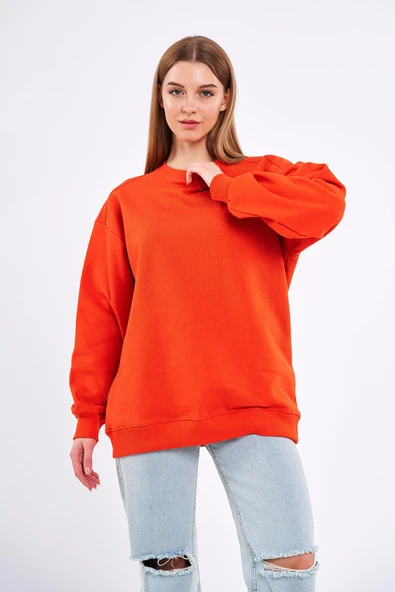 Turuncu Kadın Pamuklu Oversize Basic Bisiklet Yaka Sweatshirt - Resim 2