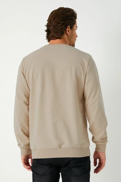 Erkek Bej Basic Bisiklet Yaka Sweatshirt - Resim 6