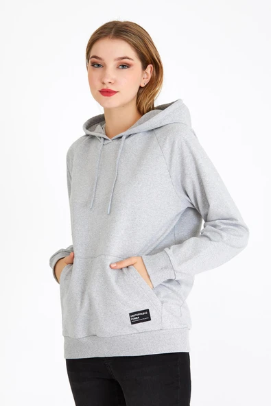 Kadın Gri Kapüşonlu Basic Örme Sweatshirt - Resim 3