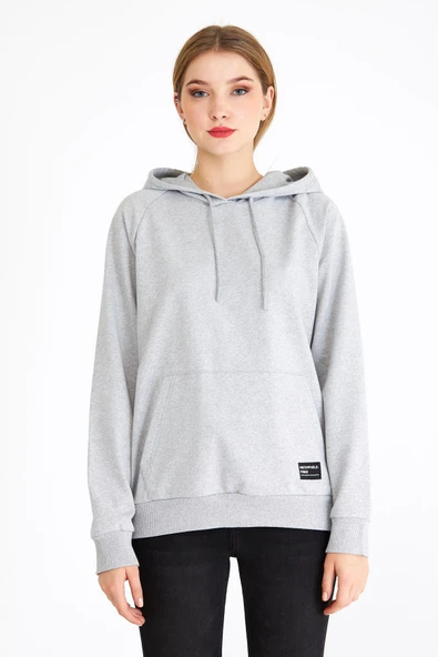 Kadın Gri Kapüşonlu Basic Örme Sweatshirt - Resim 2