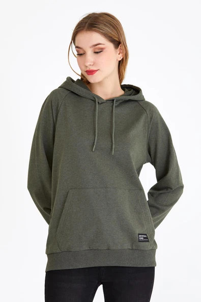 Kadın Haki Kapüşonlu Basic Örme Sweatshirt ürün görseli 1