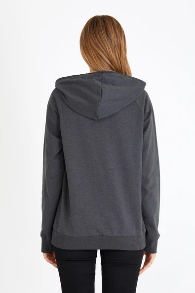 Kadın Antrasit Kapüşonlu Basic Örme Sweatshirt - Resim 6