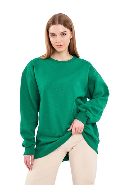 Yeşil Kadın Pamuklu Oversize Basic Bisiklet Yaka Sweatshirt ürün görseli 1