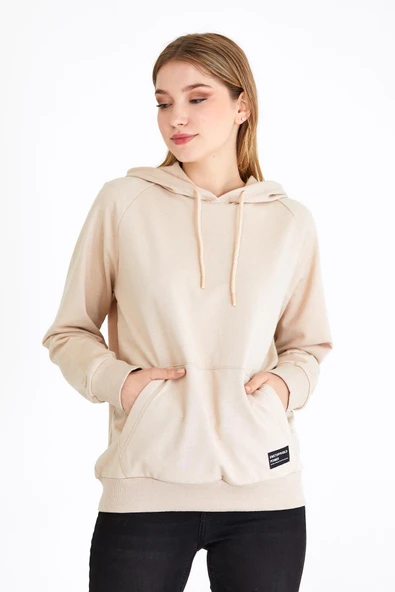 Kadın Bej Kapüşonlu Basic Örme Sweatshirt ürün görseli 1