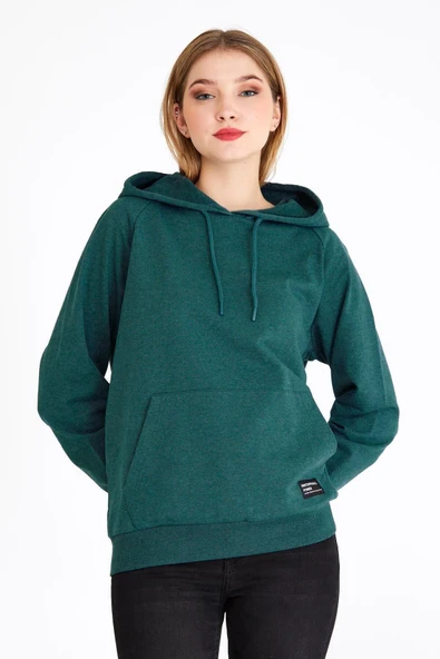 Kadın Yeşil Kapüşonlu Basic Örme Sweatshirt ürün görseli 1