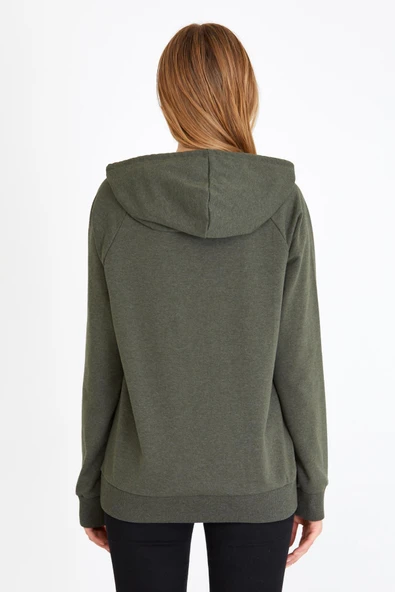 Kadın Haki Kapüşonlu Basic Örme Sweatshirt - Resim 6