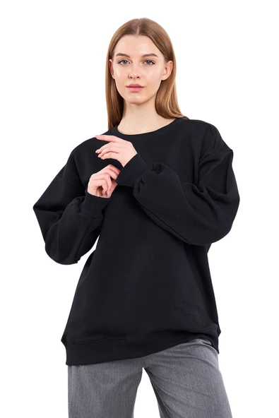 Kadın Siyah Pamuklu Oversize Basic Bisiklet Yaka Sweatshirt ürün görseli 1