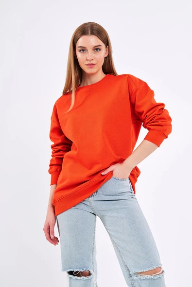 Turuncu Kadın Pamuklu Oversize Basic Bisiklet Yaka Sweatshirt - Resim 4