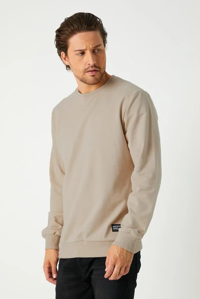Erkek Bej Basic Bisiklet Yaka Sweatshirt - Resim 2