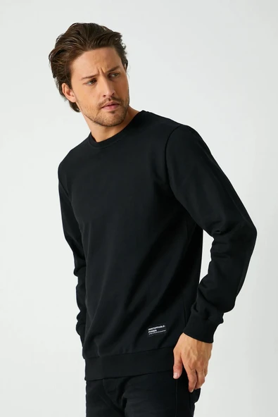 Erkek Siyah Basic Bisiklet Yaka Sweatshirt - Resim 2