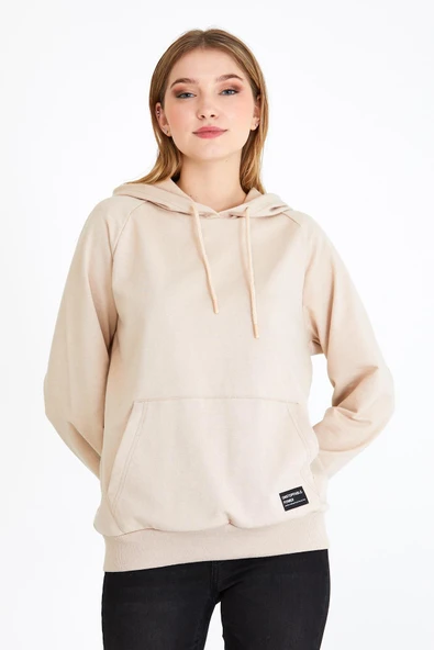 Kadın Bej Kapüşonlu Basic Örme Sweatshirt - Resim 2