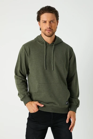 Haki Erkek Kapüşonlu Kanguru Cepli Sweatshirt ürün görseli 1