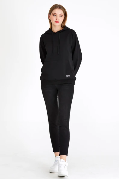 Kadın Siyah Kapüşonlu Basic Örme Sweatshirt - Resim 4