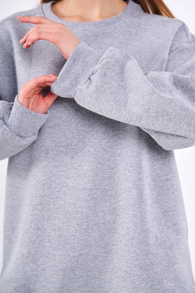Gri Kadın Pamuklu Oversize Basic Bisiklet Yaka Sweatshirt - Resim 6