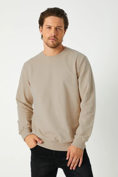 Erkek Bej Basic Bisiklet Yaka Sweatshirt - Resim 3