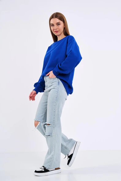 Saks Kadın Pamuklu Oversize Basic Bisiklet Yaka  Sweatshirt - Resim 4