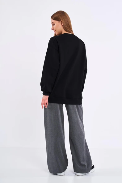 Kadın Siyah Pamuklu Oversize Basic Bisiklet Yaka Sweatshirt - Resim 4