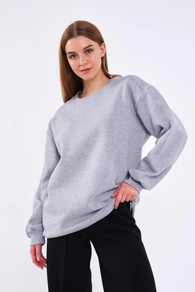 Gri Kadın Pamuklu Oversize Basic Bisiklet Yaka Sweatshirt - Resim 4