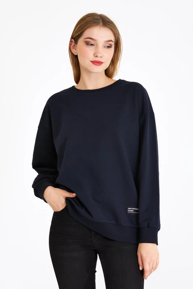 Kadın Lacivert Renk Basic Bisiklet Yaka Sweatshirt - Resim 2