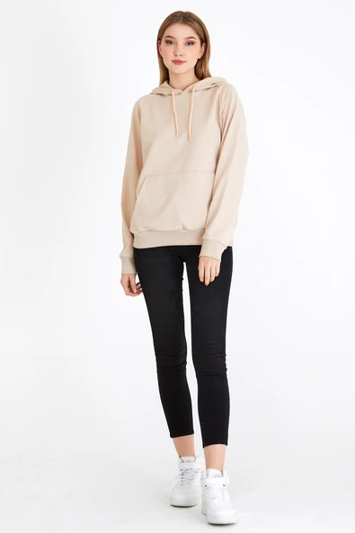 Kadın Bej Kapüşonlu Basic Örme Sweatshirt - Resim 4