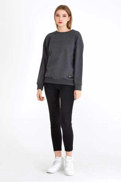 Kadın Antrasit Renk Basic Bisiklet Yaka Sweatshirt - Resim 4