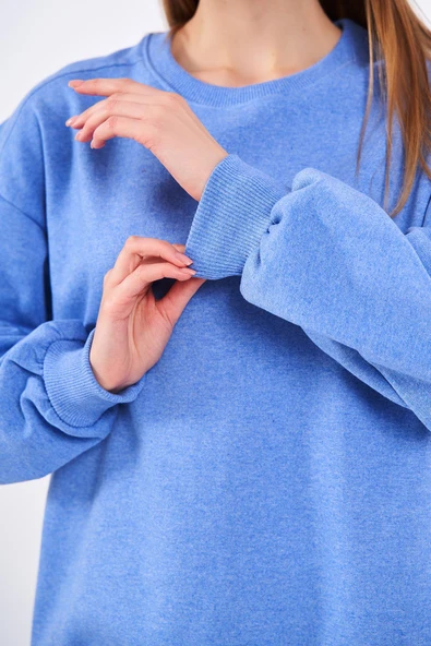 Mavi Kadın Pamuklu Oversize Basic Bisiklet Yaka Sweatshirt - Resim 6