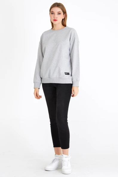Kadın Gri Renk Basic Bisiklet Yaka Sweatshirt - Resim 4