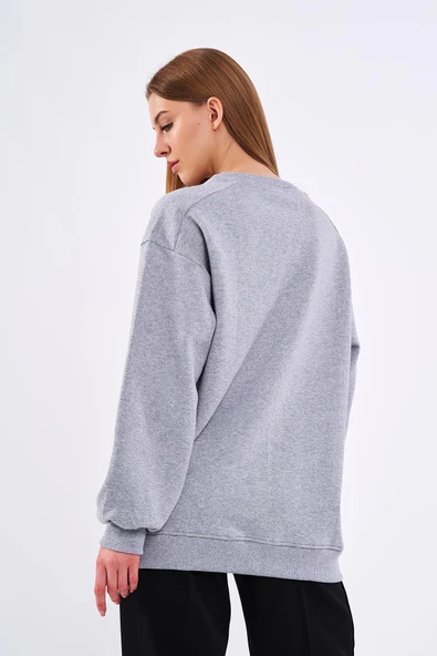 Gri Kadın Pamuklu Oversize Basic Bisiklet Yaka Sweatshirt - Resim 5