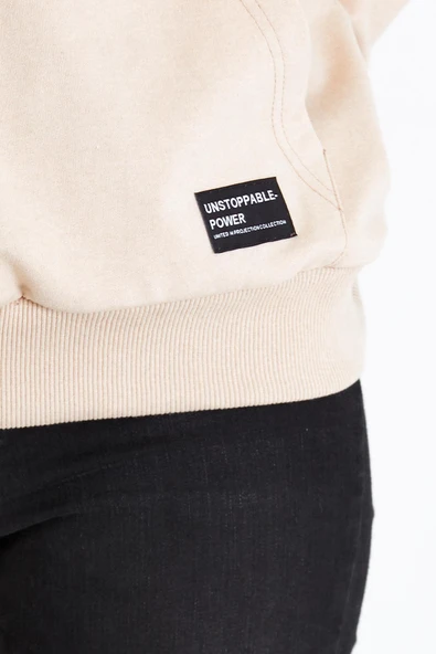 Kadın Bej Kapüşonlu Basic Örme Sweatshirt - Resim 5