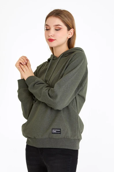 Kadın Haki Kapüşonlu Basic Örme Sweatshirt - Resim 4