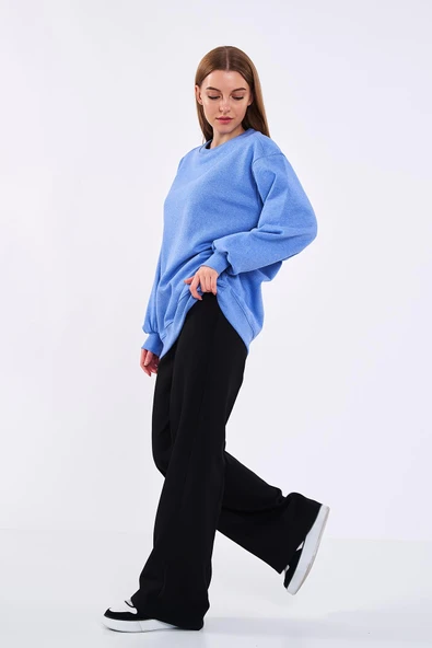 Mavi Kadın Pamuklu Oversize Basic Bisiklet Yaka Sweatshirt - Resim 2