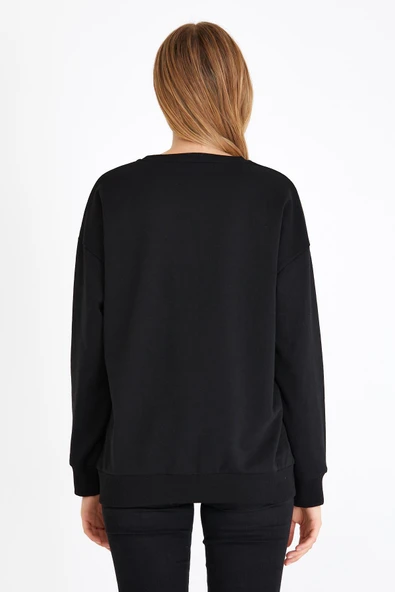 Kadın Siyah Renk Basic Bisiklet Yaka Sweatshirt - Resim 6