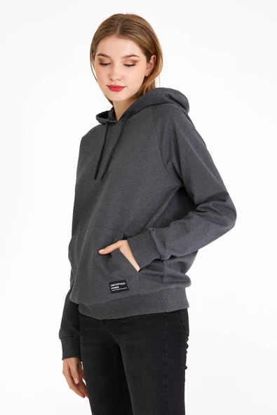 Kadın Antrasit Kapüşonlu Basic Örme Sweatshirt - Resim 3