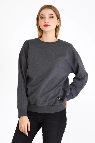 Kadın Antrasit Renk Basic Bisiklet Yaka Sweatshirt ürün görseli 1