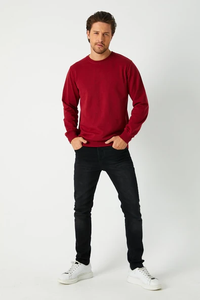 Erkek Bordo Basic Bisiklet Yaka Sweatshirt - Resim 6
