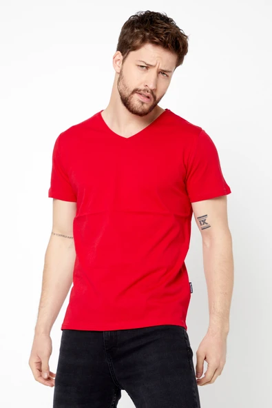 Erkek Indigo %100 Pamuk Basıc Regular Fit Pamuklu Kısa Kollu V Yaka T-shirt ürün görseli 1
