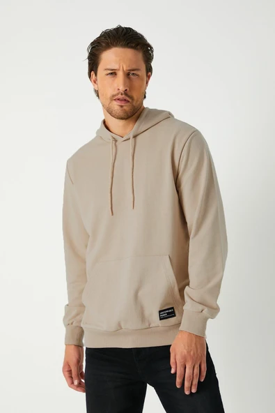 Bej Erkek Kapüşonlu Kanguru Cepli Sweatshirt - Resim 2