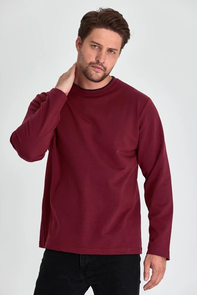 Erkek Bordo Çift Bisiklet Yaka Standart Rahat Kesim Sweatshirt ürün görseli 1