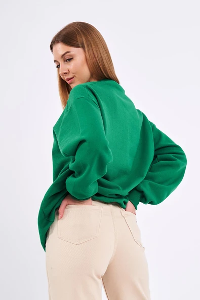Yeşil Kadın Pamuklu Oversize Basic Bisiklet Yaka Sweatshirt - Resim 4