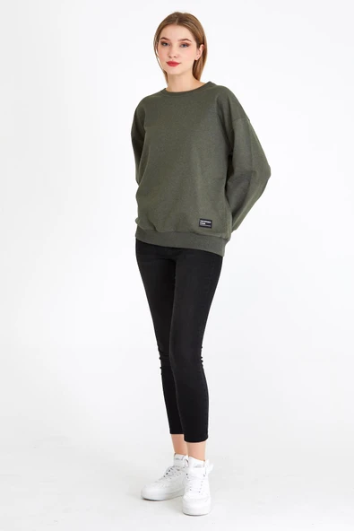 Kadın Haki Renk Basic Bisiklet Yaka Sweatshirt - Resim 4