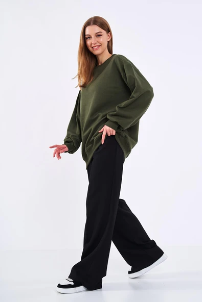 Haki Kadın Pamuklu Oversize Basic Bisiklet Yaka  Sweatshirt - Resim 4