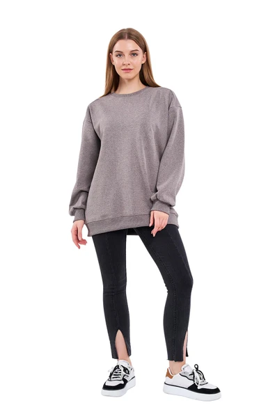 Kahve Kadın Pamuklu Oversize Basic Bisiklet Yaka Sweatshirt ürün görseli 1
