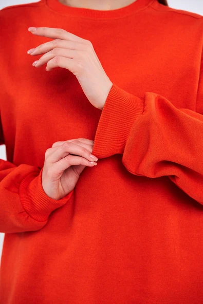Turuncu Kadın Pamuklu Oversize Basic Bisiklet Yaka Sweatshirt - Resim 6