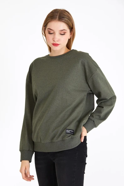 Kadın Haki Renk Basic Bisiklet Yaka Sweatshirt - Resim 2