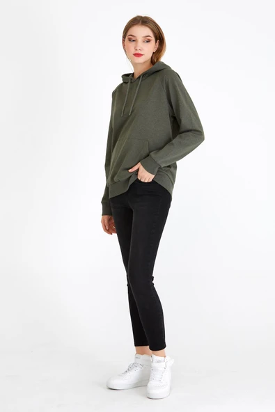 Kadın Haki Kapüşonlu Basic Örme Sweatshirt - Resim 5