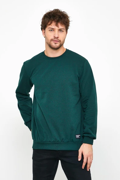 Erkek Koyu Yeşil Basic Bisiklet Yaka Sweatshirt - Resim 4