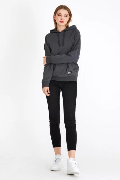 Kadın Antrasit Kapüşonlu Basic Örme Sweatshirt - Resim 4
