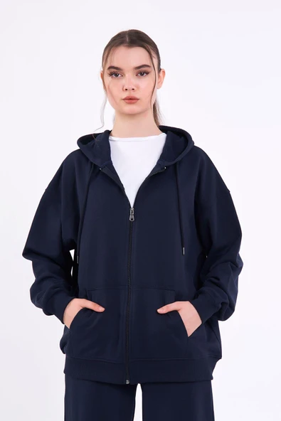 Lacivert Kanguru Cepli Kapüşonlu Fermuarlı Oversize Kadın Sweatshirt ürün görseli 1