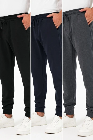 Kalın Siyah-Lacivert-Antrasit Erkek 3'lü Eşofman Altı Jogger Arka Cepli Paça Lastikli Regular Fit Şardonsuz ürün görseli 1